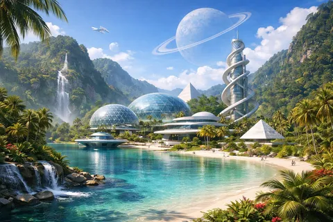 Lagoon Enclave: A serene settlement nestled within tropical waters.