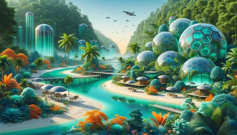 The Dome Shore: Hexagonal domes and cascading glass towers on a turquoise shore.