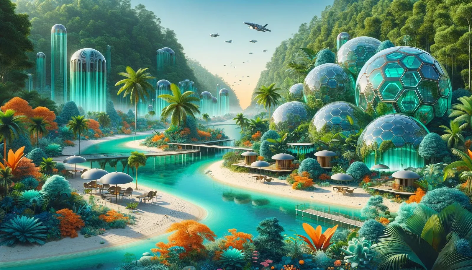 The Dome Shore: Hexagonal domes and cascading glass towers on a turquoise shore.
