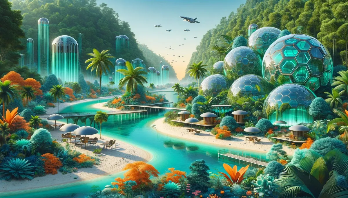 The Dome Shore: Hexagonal domes and cascading glass towers on a turquoise shore.