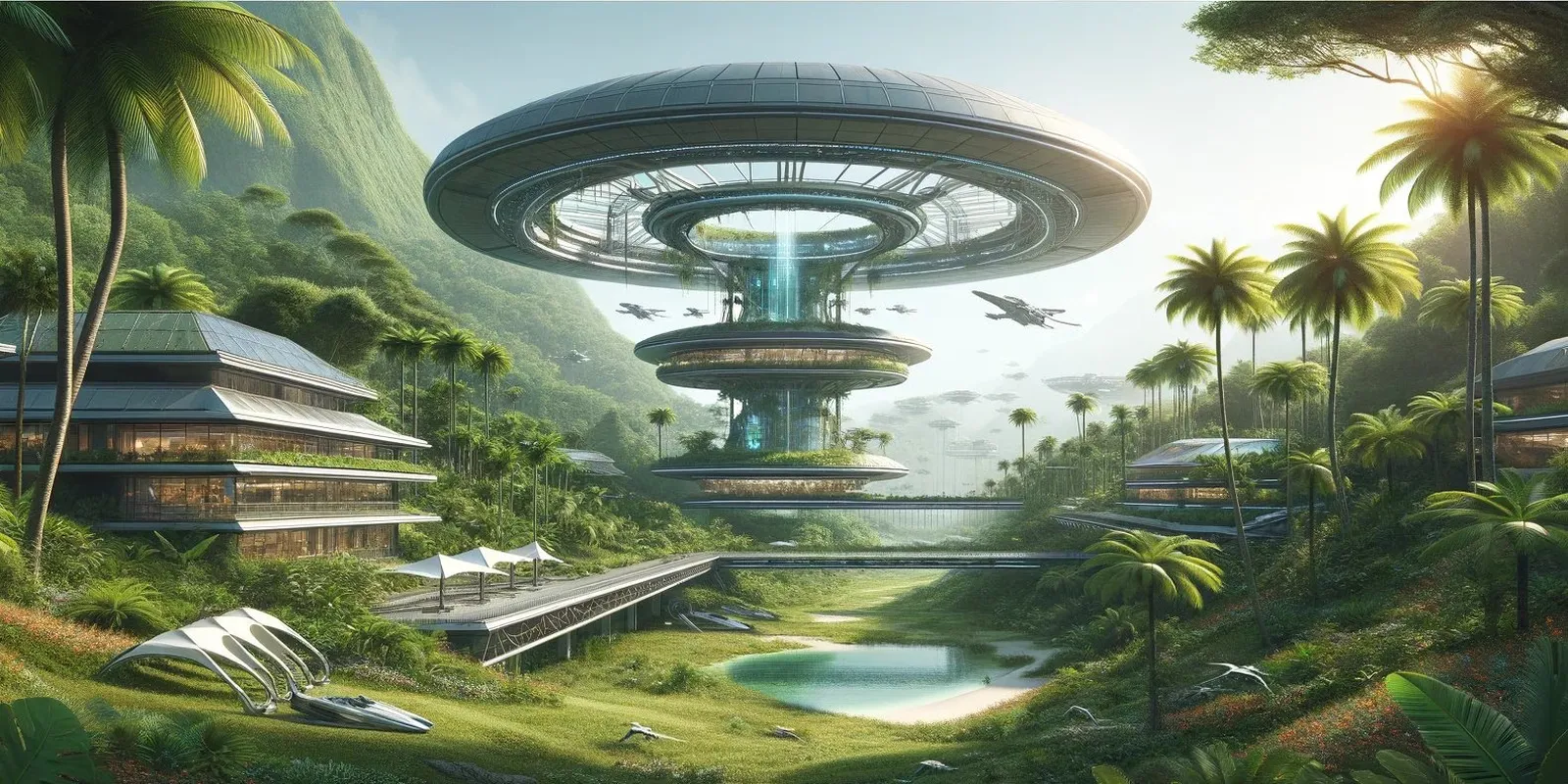 The Torus Terrace: A ring station hovering over a jungle valley, its core a waterfall of light.