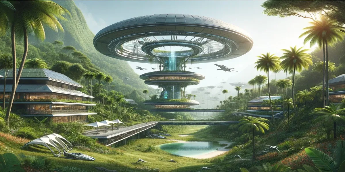 The Torus Terrace: A ring station hovering over a jungle valley, its core a waterfall of light.